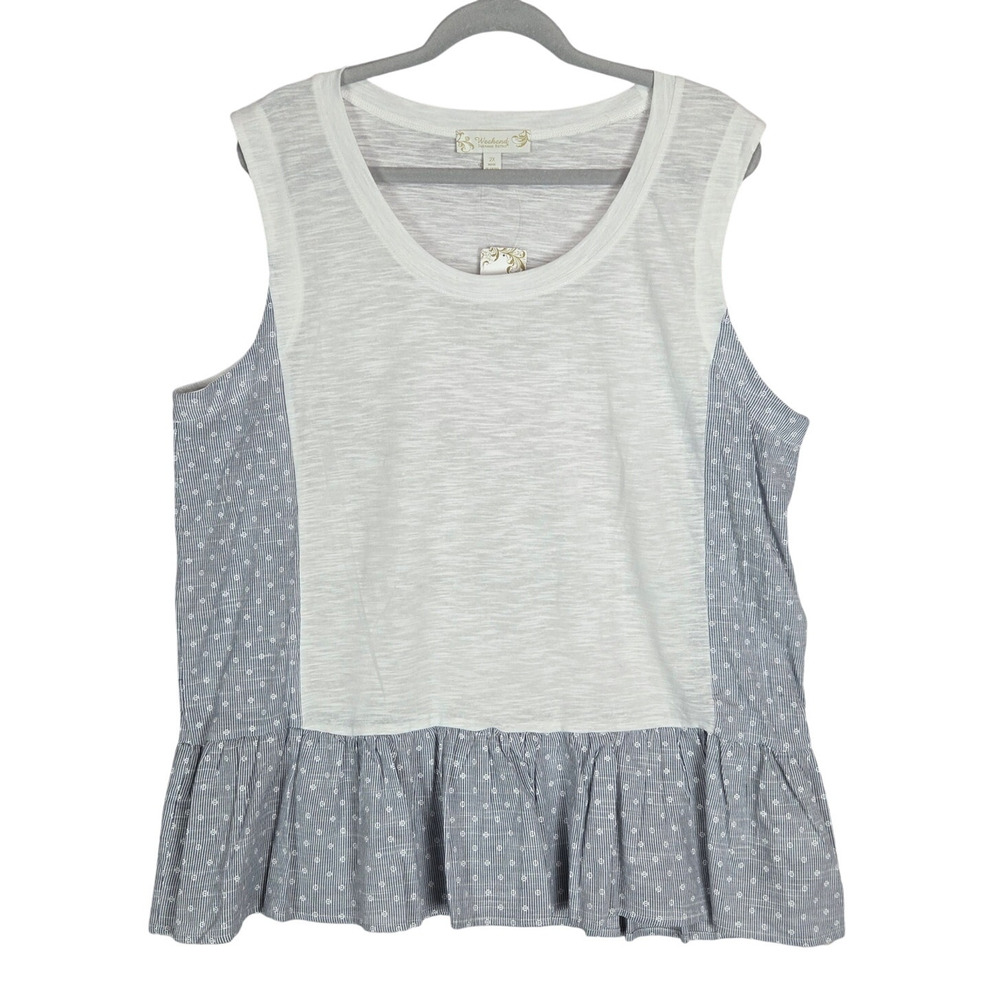 Weekend Sleeveless Ruffle Top Size 2X White Blue Polkadot Coastal Fairy Tank NWT